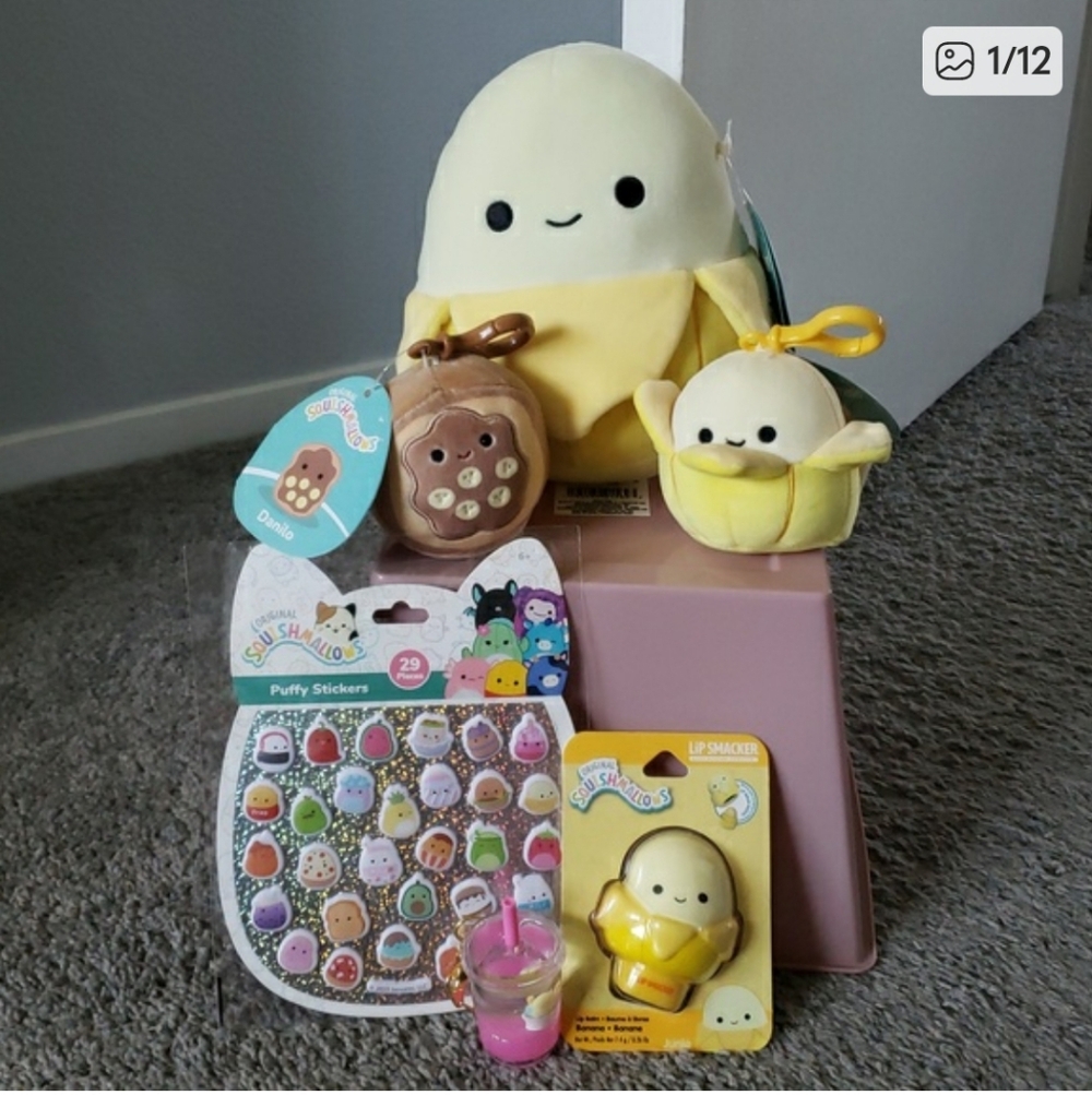 Kids Bundle Junie The Banana Squishmallows Junie Lip Balm 2 Clips Stickers NEW